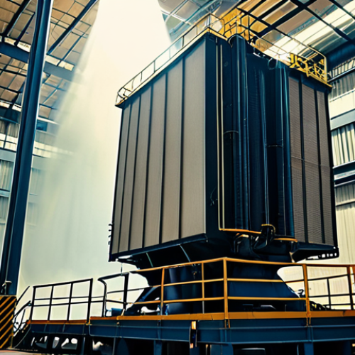 Home 4 **A towering electrostatic precipitator (ESP) at a manufacturing plant, emitting a faint glow. The air around the ESP is noticeably clearer than the hazy industrial environment in the background. Focus on the scale and technological complexity of the device.**