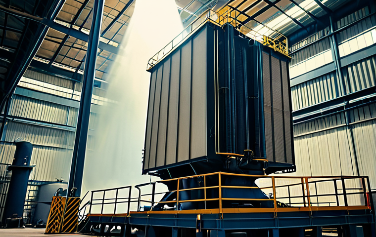 **A towering electrostatic precipitator (ESP) at a manufacturing plant, emitting a faint glow. The air around the ESP is noticeably clearer than the hazy industrial environment in the background. Focus on the scale and technological complexity of the device.**