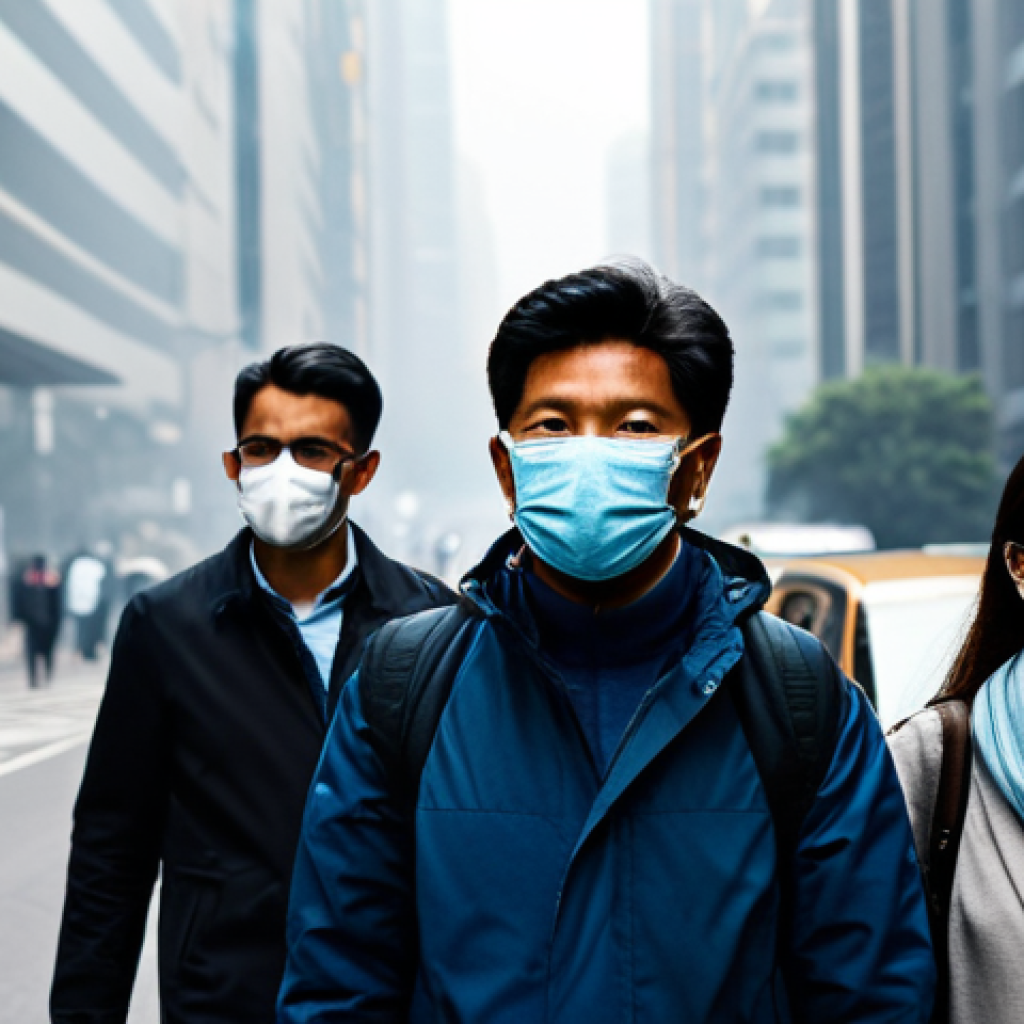 Urban Smog & Respiratory Health**

"A bustling city street with skyscrapers fading into a hazy smog, a diverse group of fully clothed people wearing face masks, demonstrating the impact of air pollution on urban life, safe for work, appropriate content, professional, perfect anatomy, correct proportions, well-formed hands, modest clothing, high quality, realistic."

**