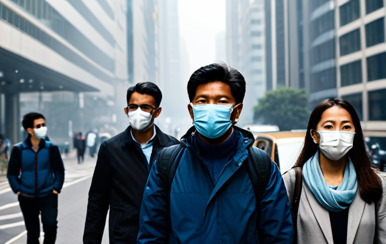 Urban Smog & Respiratory Health**

"A bustling city street with skyscrapers fading into a hazy smog, a diverse group of fully clothed people wearing face masks, demonstrating the impact of air pollution on urban life, safe for work, appropriate content, professional, perfect anatomy, correct proportions, well-formed hands, modest clothing, high quality, realistic."

**