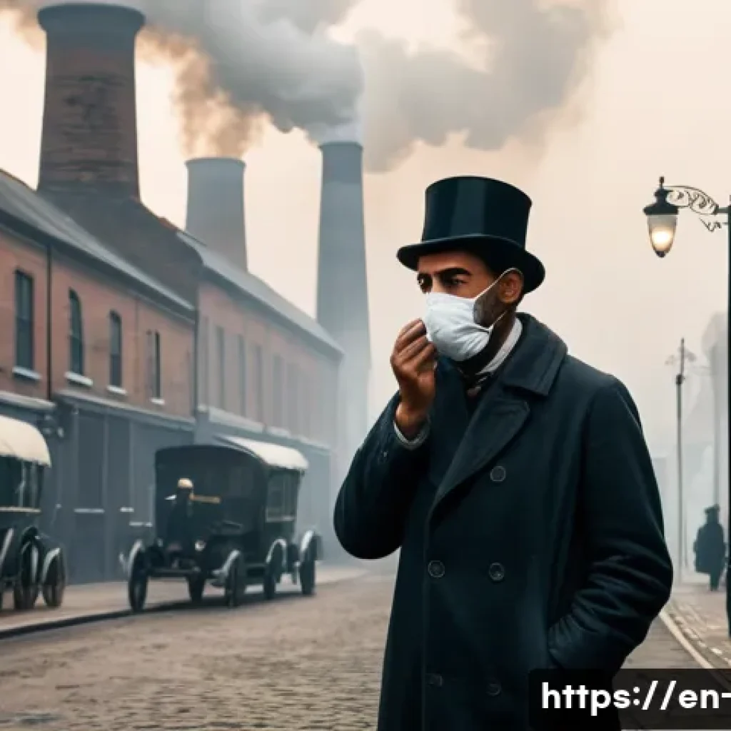 대기환경 관리 기술의 발전사 - **Prompt 1: Early Industrial Era Air Pollution**
    "A historical scene depicting a dense, yellowis...