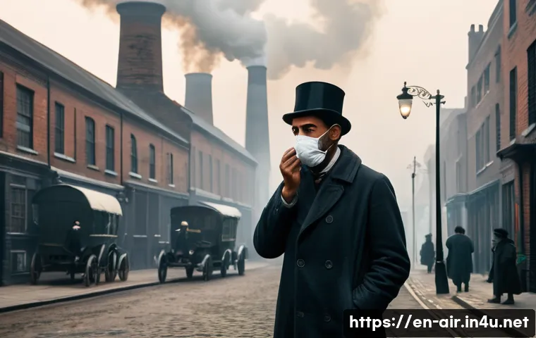 대기환경 관리 기술의 발전사 - **Prompt 1: Early Industrial Era Air Pollution**
    "A historical scene depicting a dense, yellowis...