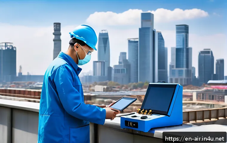 대기환경자격증 필기시험 난이도 - A high-tech air quality monitoring station situated in an urban environment during daytime, featurin...