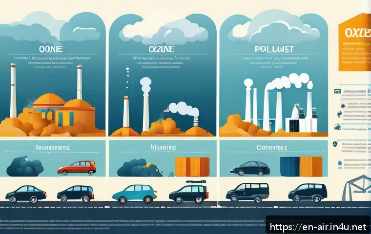 대기환경기사 합격 수기 - A detailed infographic-style illustration showing key air pollutants such as particulate matter, nit...