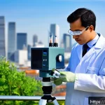 Home 23 대기환경분야에서 이직할 때 준비해야 할 것 - A professional environmental scientist wearing a neat lab coat and safety glasses, calibrating advan...