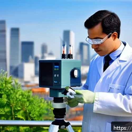 Home 17 대기환경분야에서 이직할 때 준비해야 할 것 - A professional environmental scientist wearing a neat lab coat and safety glasses, calibrating advan...