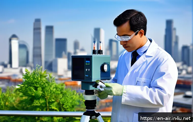 대기환경분야에서 이직할 때 준비해야 할 것 - A professional environmental scientist wearing a neat lab coat and safety glasses, calibrating advan...