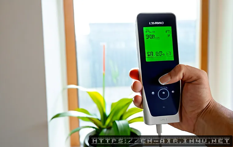 대기오염 측정 기기 사용법 - Photorealistic close-up of an adult homeowner using a handheld air quality monitor in a bright moder...